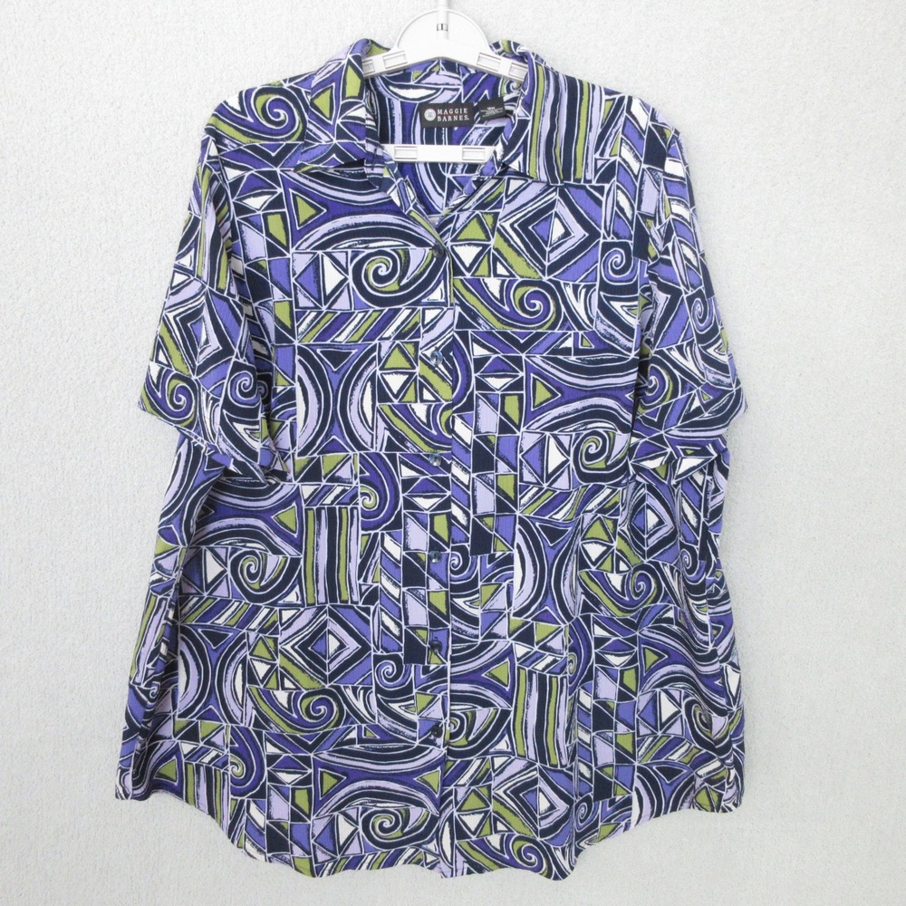 Maggie Barnes Women's 16W Purple‎ Green Geometric Short Sleeve Button Down Shirt